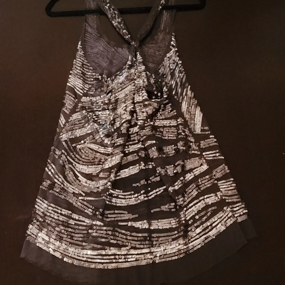 Oversized Sheer Sequin Hi Lo Racerback Flowy Evening Cocktail Tunic Top Size Lrg - Picture 11 of 12